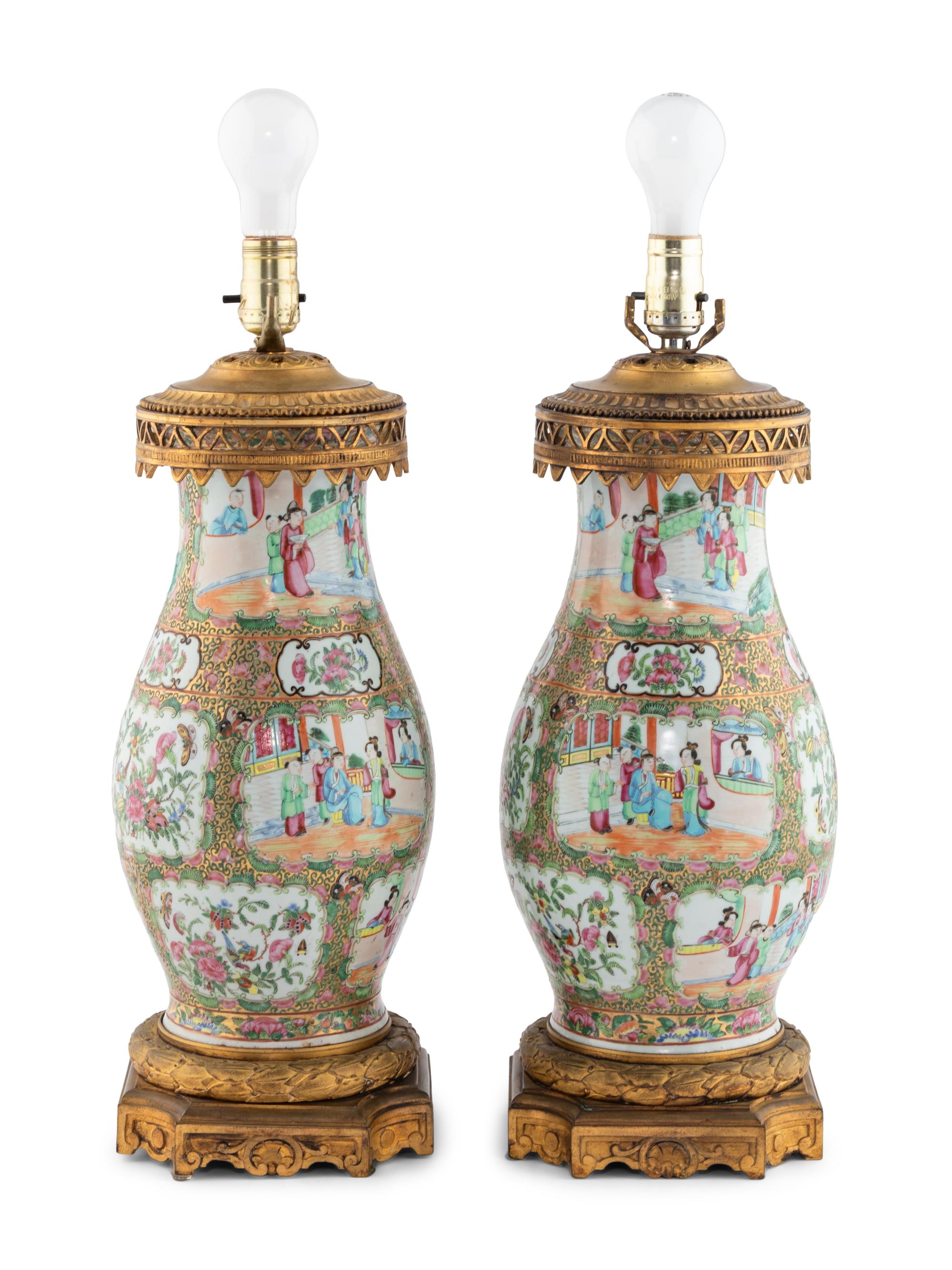 A Pair of French Gilt Bronze Mounted Rose Medallion Porcelain Vases