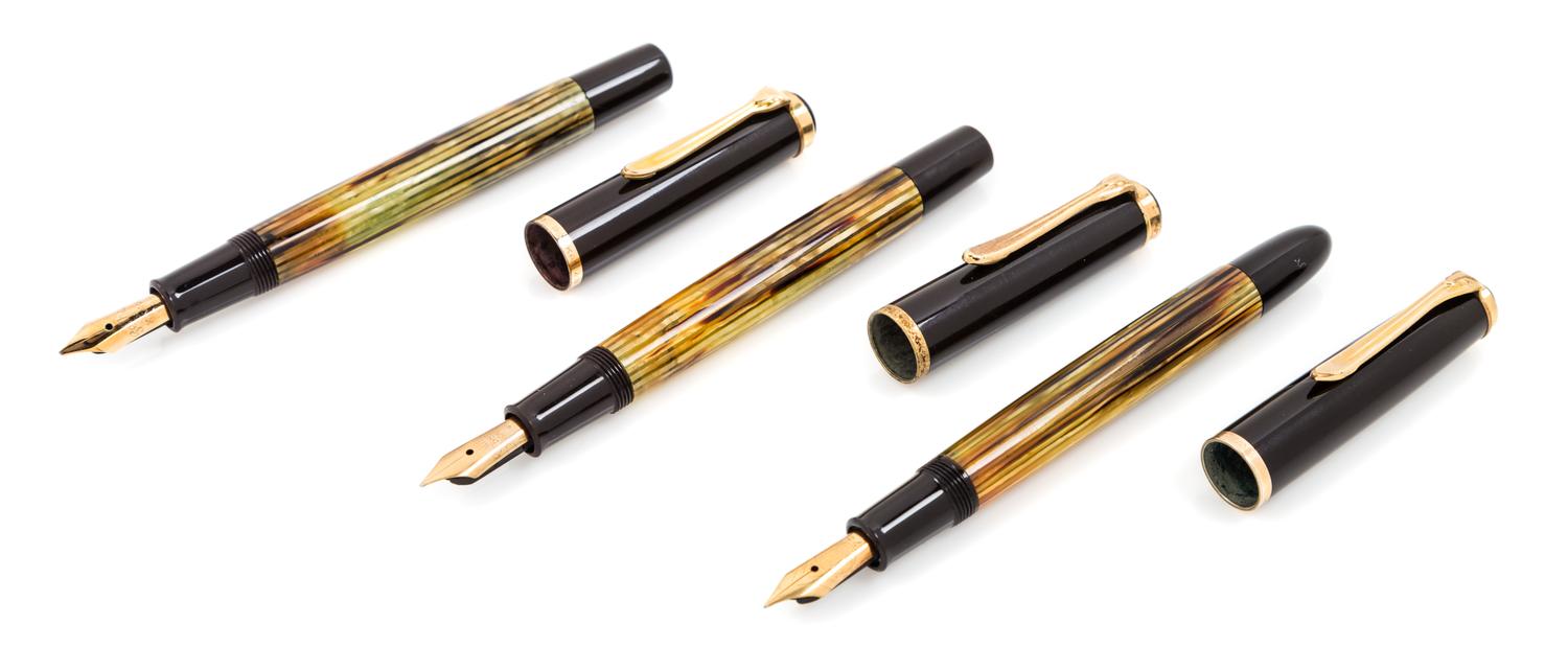 A Collection of Three Vintage Pelikan 400 Fountain Pens Length of longest 5 1/8 inches.