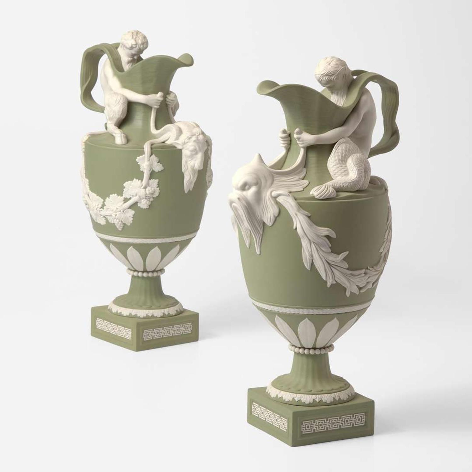 A Pair of Wedgwood Solid Green Jasperware Water and Wine Ewers UK, 1990s