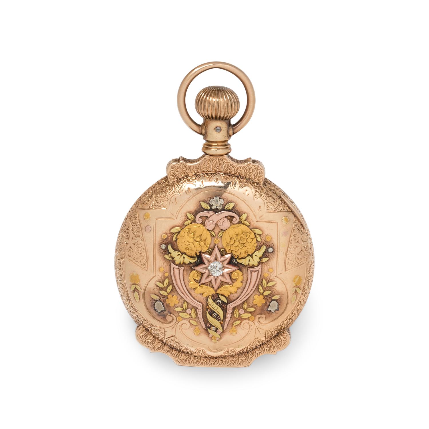 ELGIN, 14K TRICOLOR GOLD AND DIAMOND HUNTER CASE POCKET WATCH