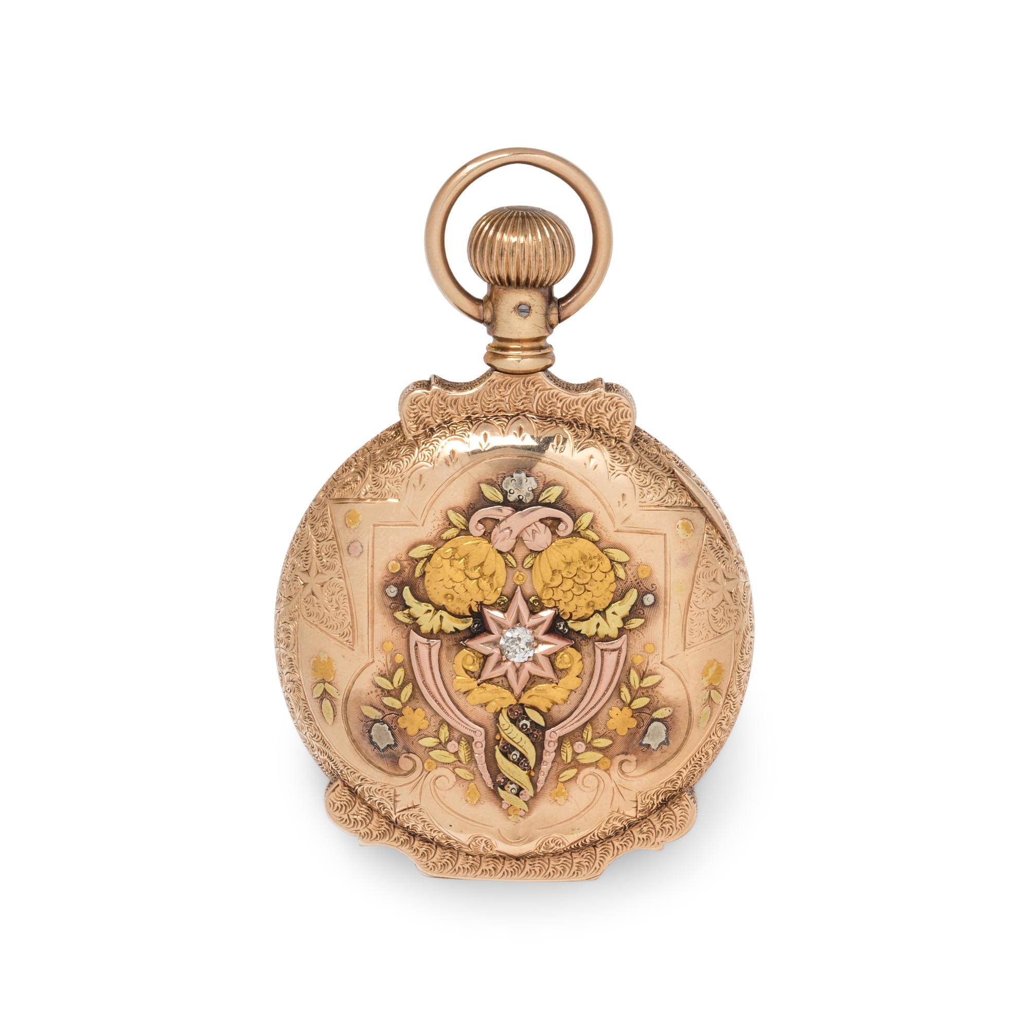 ELGIN, 14K TRICOLOR GOLD AND DIAMOND HUNTER CASE POCKET WATCH