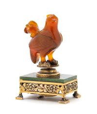 An American Silver-Lined, Carved Onyx and Spinach Jade Bell Push, Edward Farmer, New York, First Half 20th Century, modeled to show an