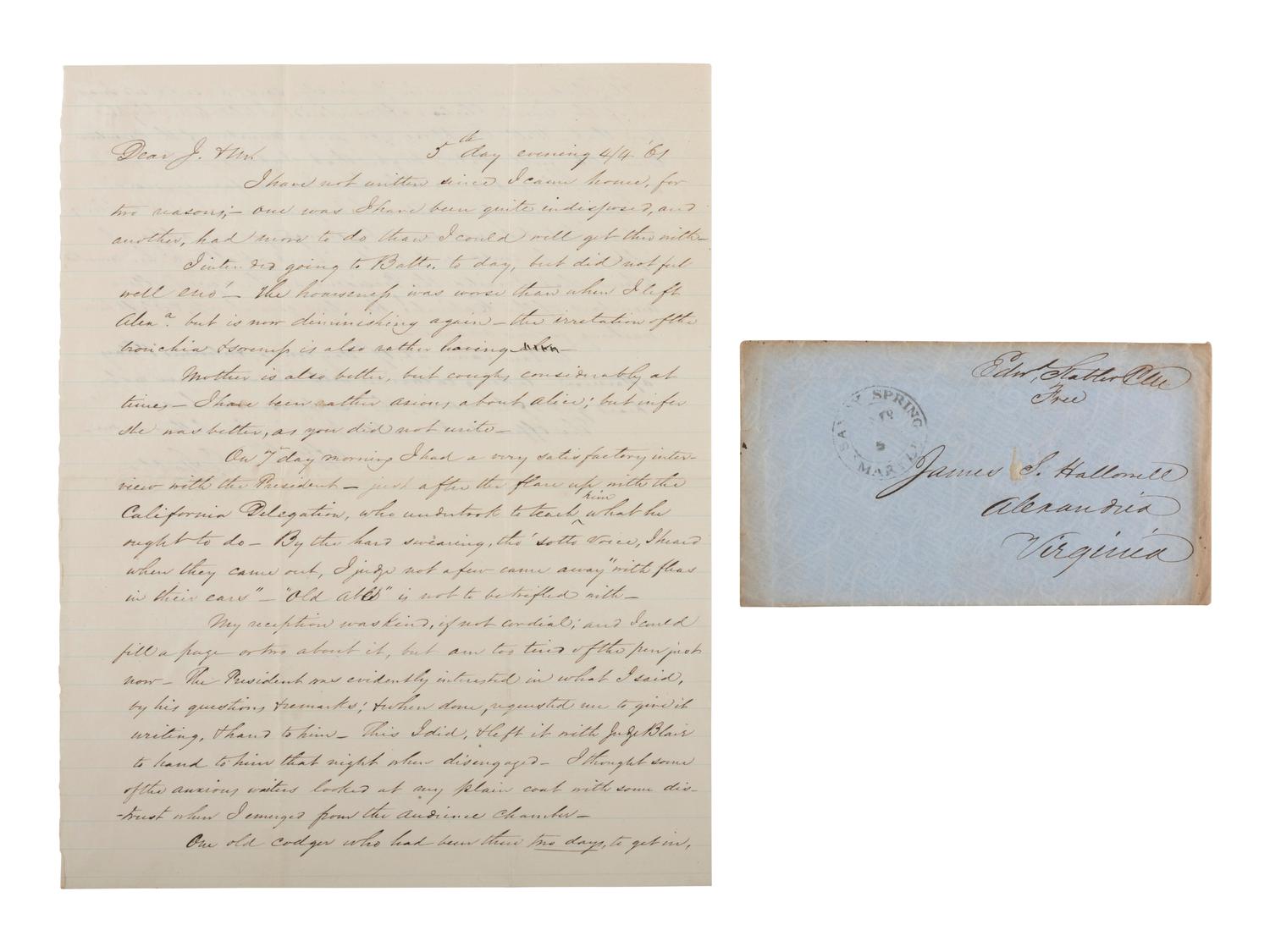 [LINCOLNIANA]. ALS from Maryland Postmaster Edward Stabler re: an April 1861 meeting with Lincoln.