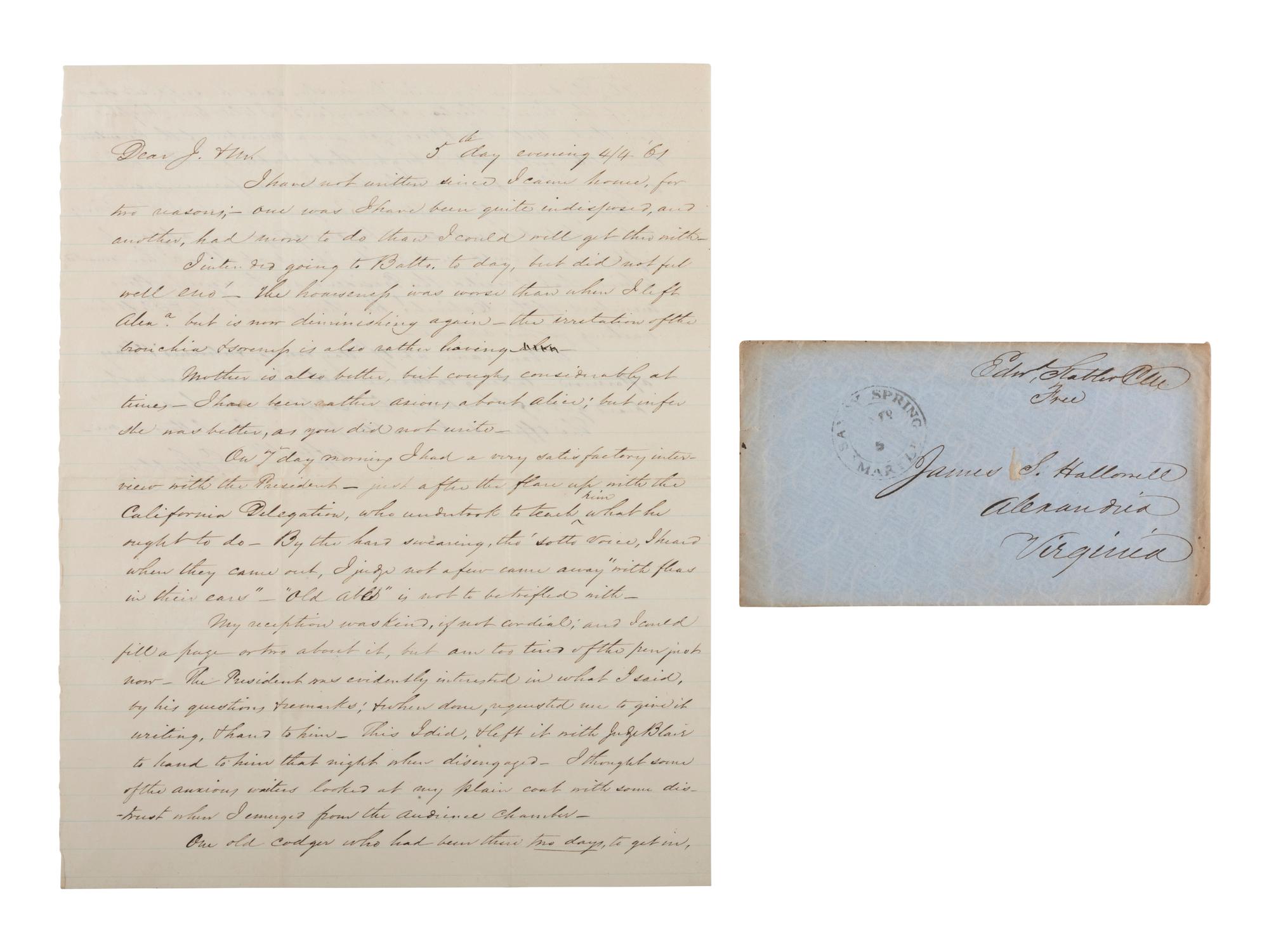 [LINCOLNIANA]. ALS from Maryland Postmaster Edward Stabler re: an April 1861 meeting with Lincoln.