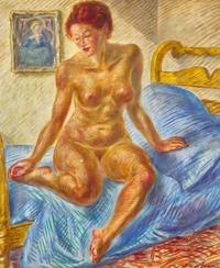 John French Sloan (American, 1871–1951) - Nude on Blue Covered Bed