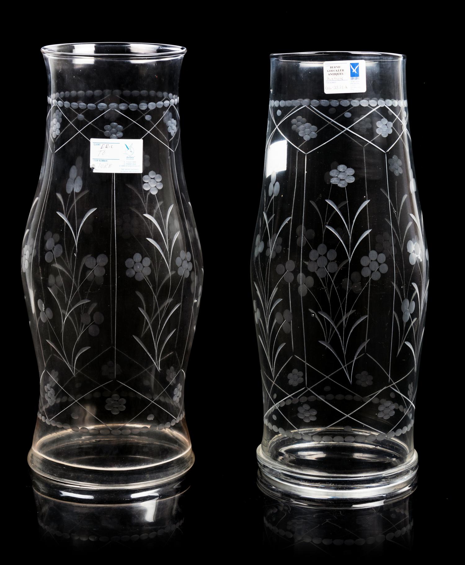 A Pair of Etched Glass Hurricane Candles