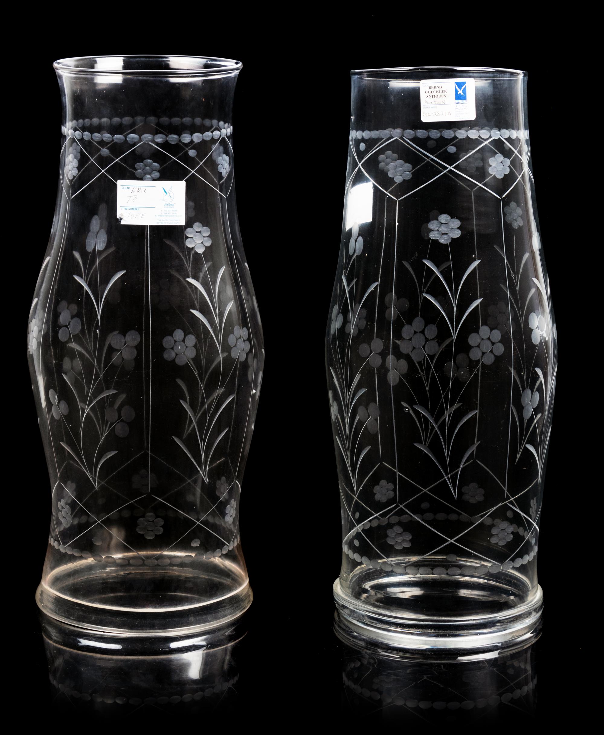 A Pair of Etched Glass Hurricane Candles