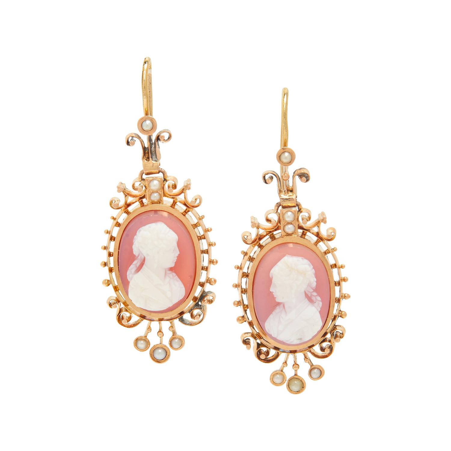 HARDSTONE CAMEO AND SEED PEARL EARRINGS