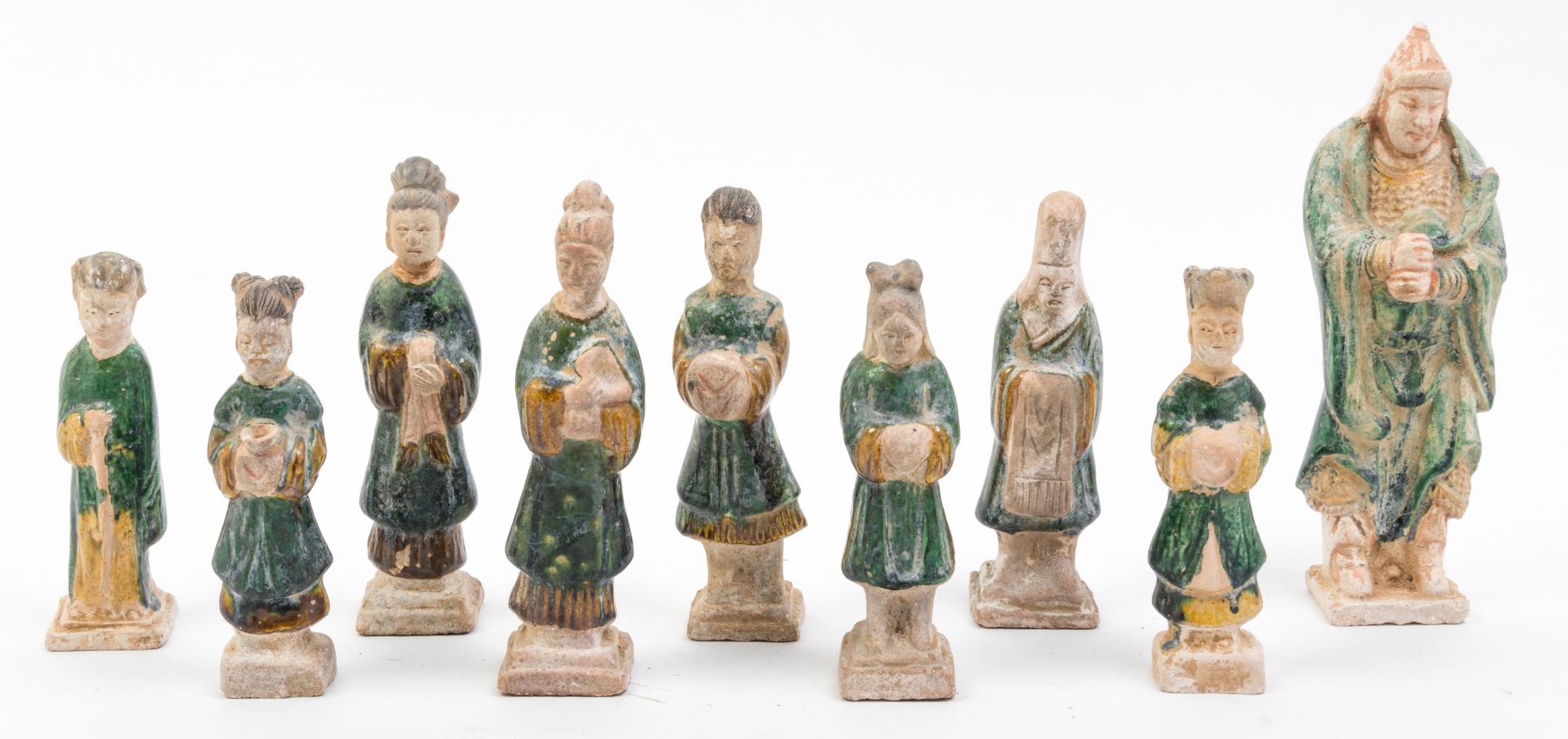 Nine Ming Style Pottery Tomb Figures Height of tallest 8 1/2 inches.