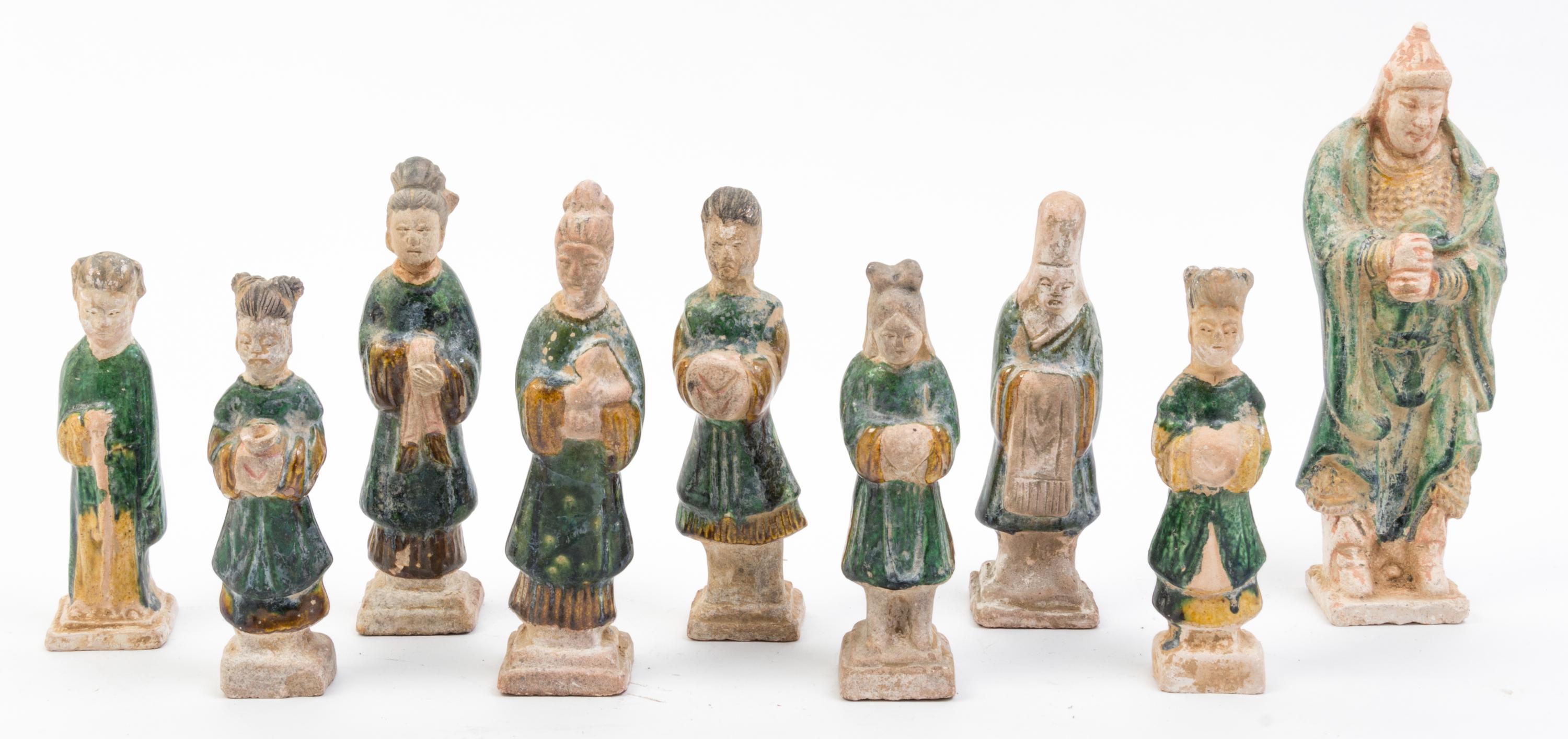 Nine Ming Style Pottery Tomb Figures Height of tallest 8 1/2 inches.