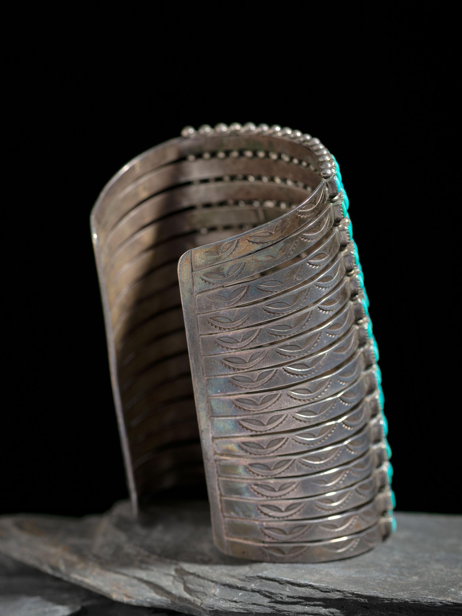Zuni or Navajo Extra Wide Silver and Turquoise Cluster Cuff Bracelet