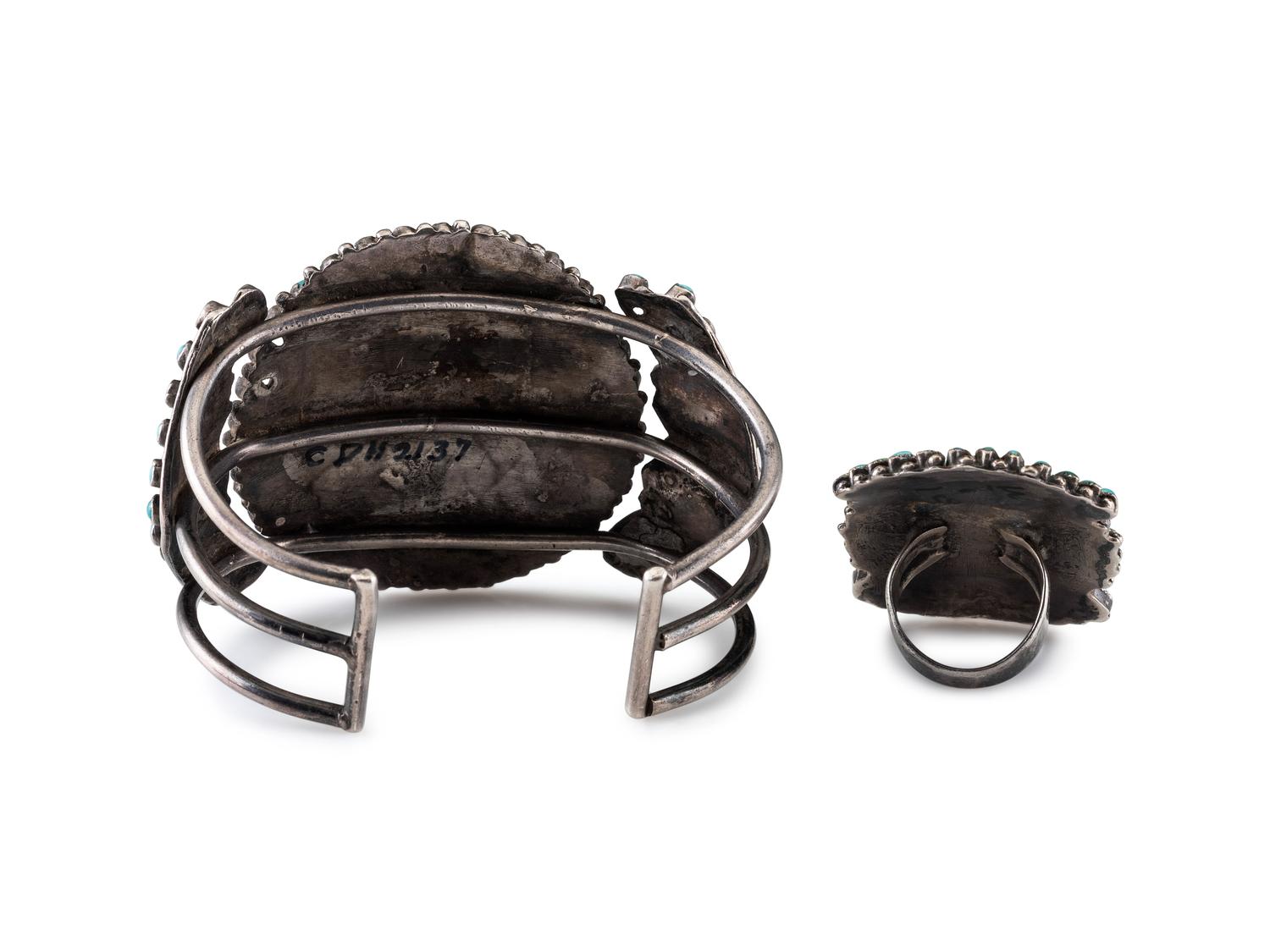 Zuni Silver and Petit Point Turquoise Cluster Cuff Bracelet, PLUS Ring