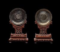 A Pair of Chinese Coin Mounted Silver and Hardwood Table Screens