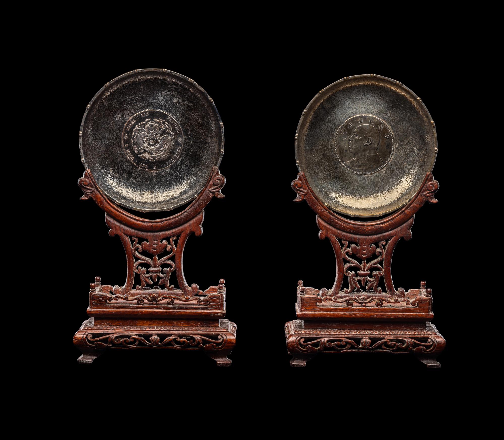 A Pair of Chinese Coin Mounted Silver and Hardwood Table Screens