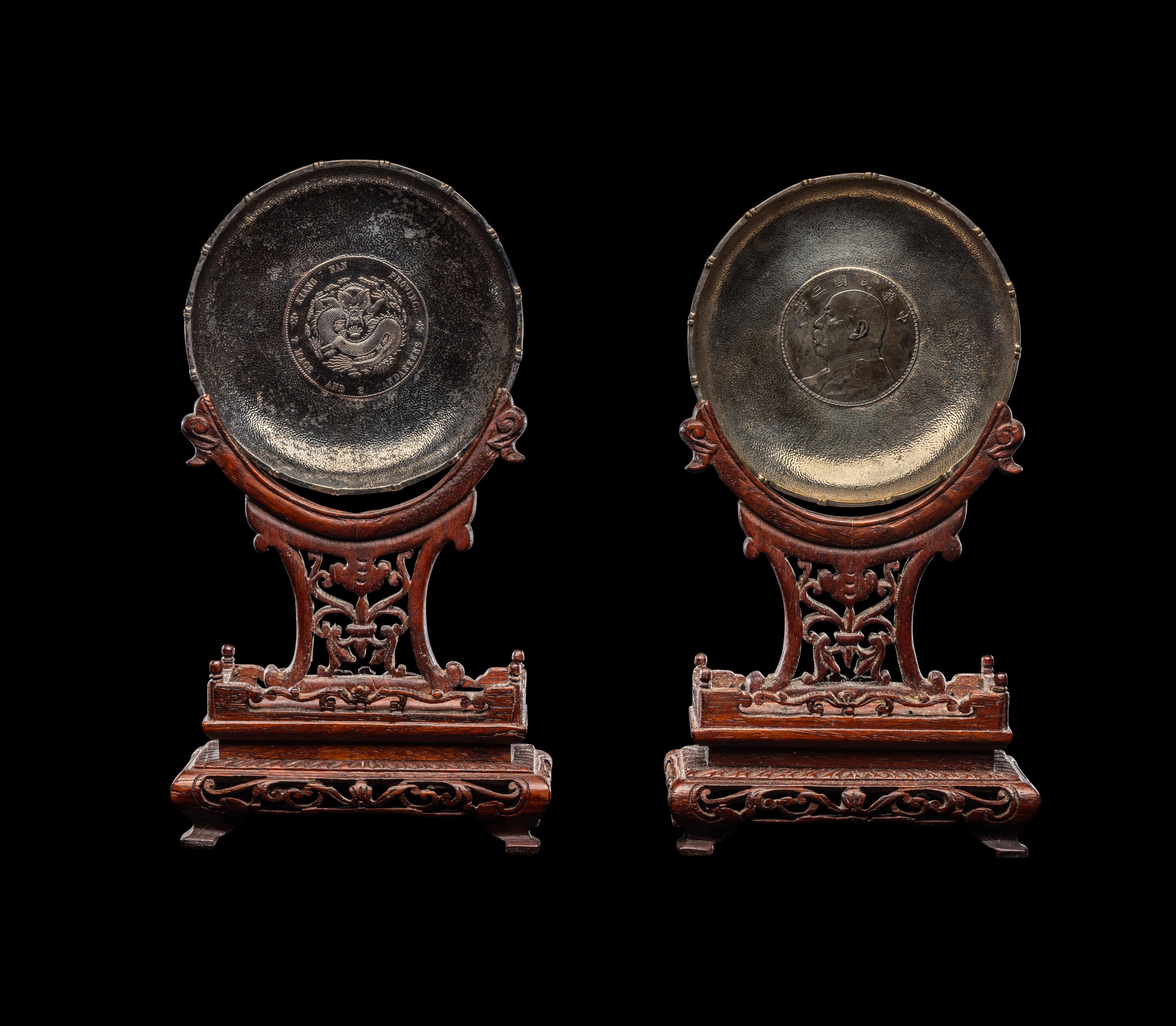 A Pair of Chinese Coin Mounted Silver and Hardwood Table Screens