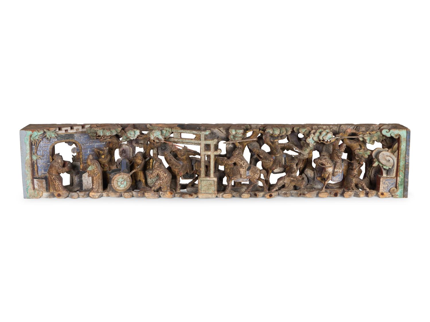 A Chinese Carved and Polychromed Wood Panel