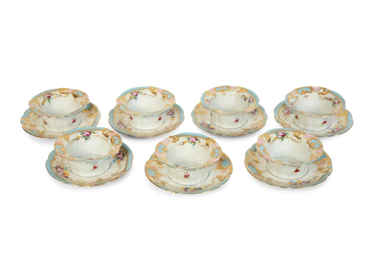 Seven Continental Porcelain Ramekins with Saucers