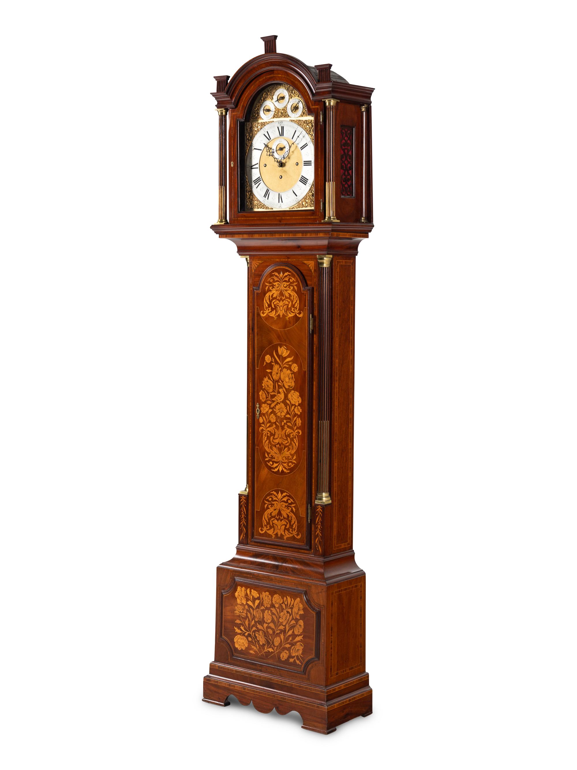 An Edwardian Mahogany and Marquetry Tall Case Clock