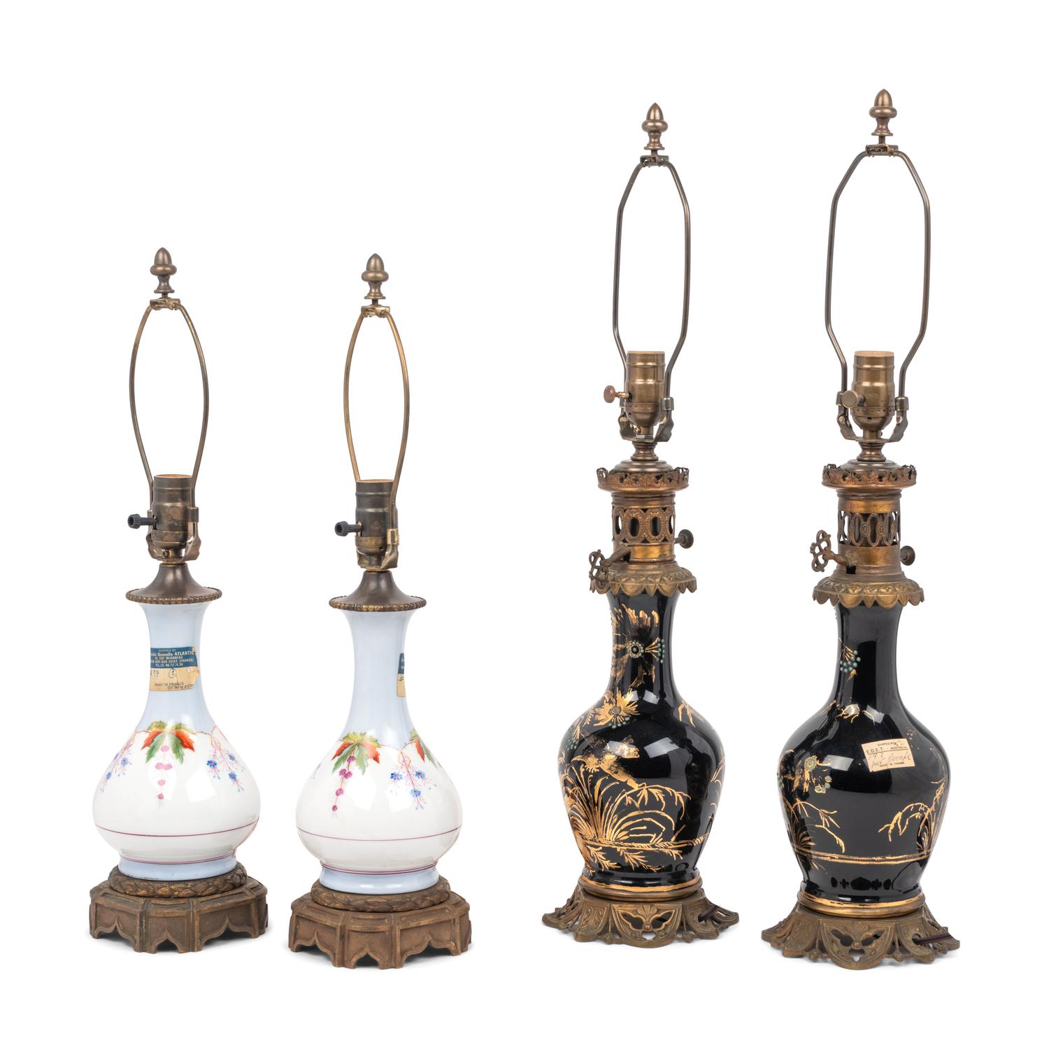 Two Pairs of French Enameled Glass Fluid Lamps Converted to Electricity