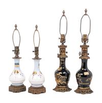 Two Pairs of French Enameled Glass Fluid Lamps Converted to Electricity
