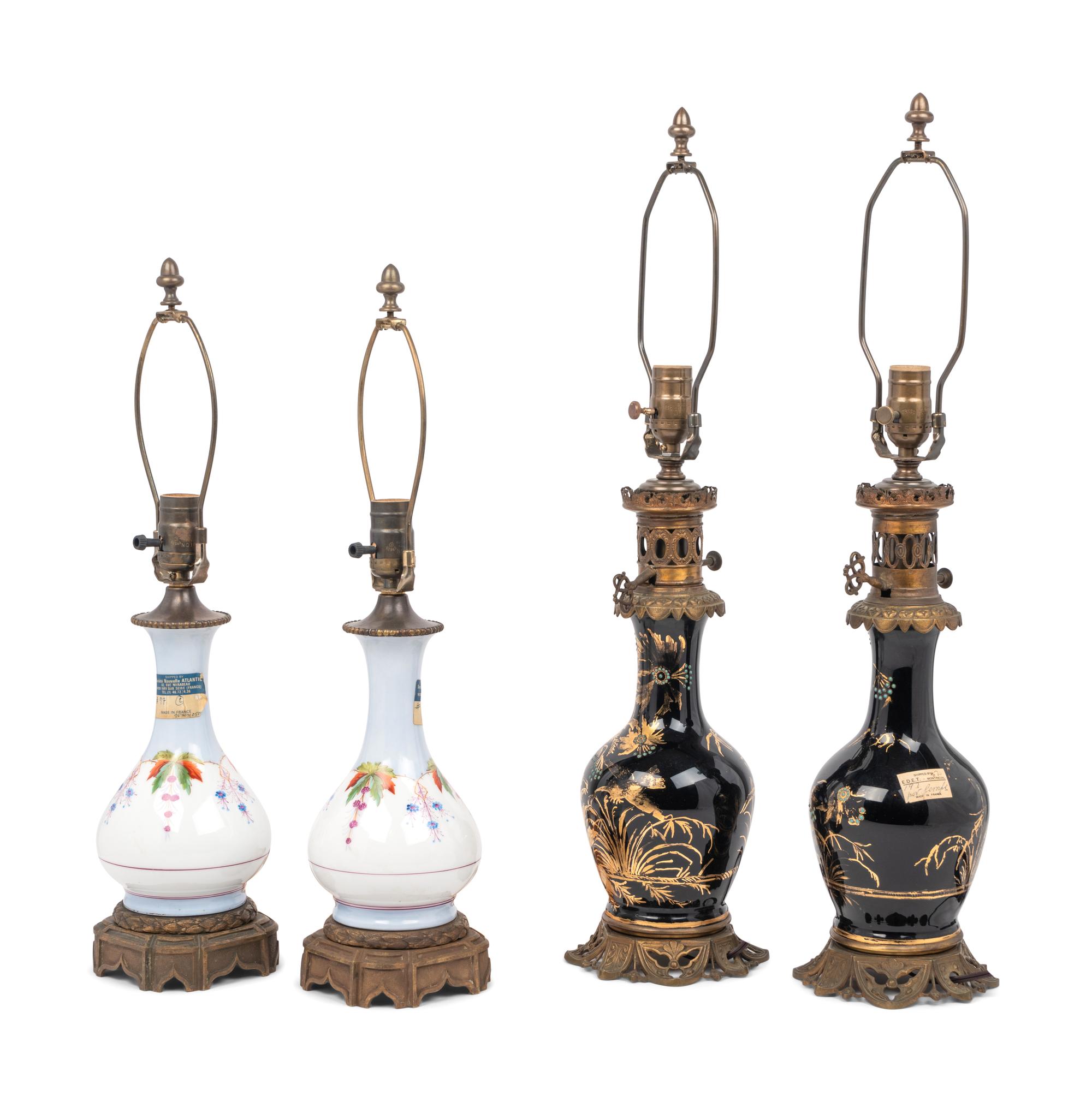 Two Pairs of French Enameled Glass Fluid Lamps Converted to Electricity