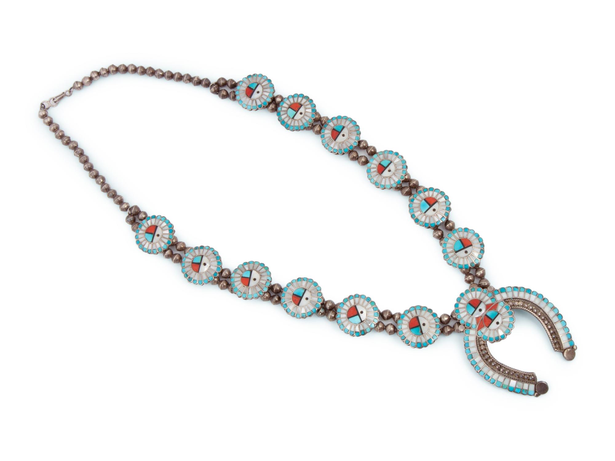 Zuni Silver and Mosaic Inlay Sunface Squash Blossom Necklace
