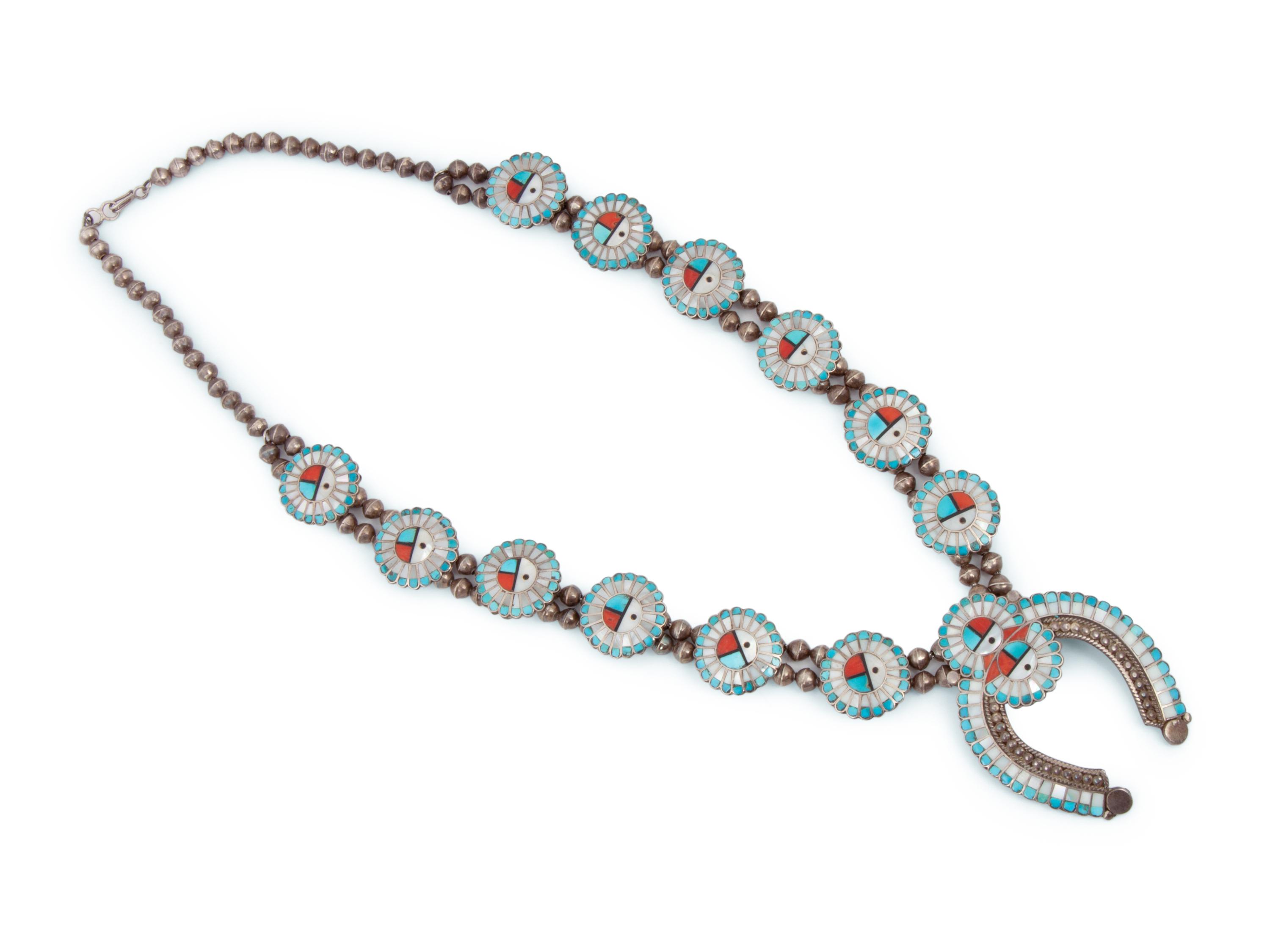 Zuni Silver and Mosaic Inlay Sunface Squash Blossom Necklace
