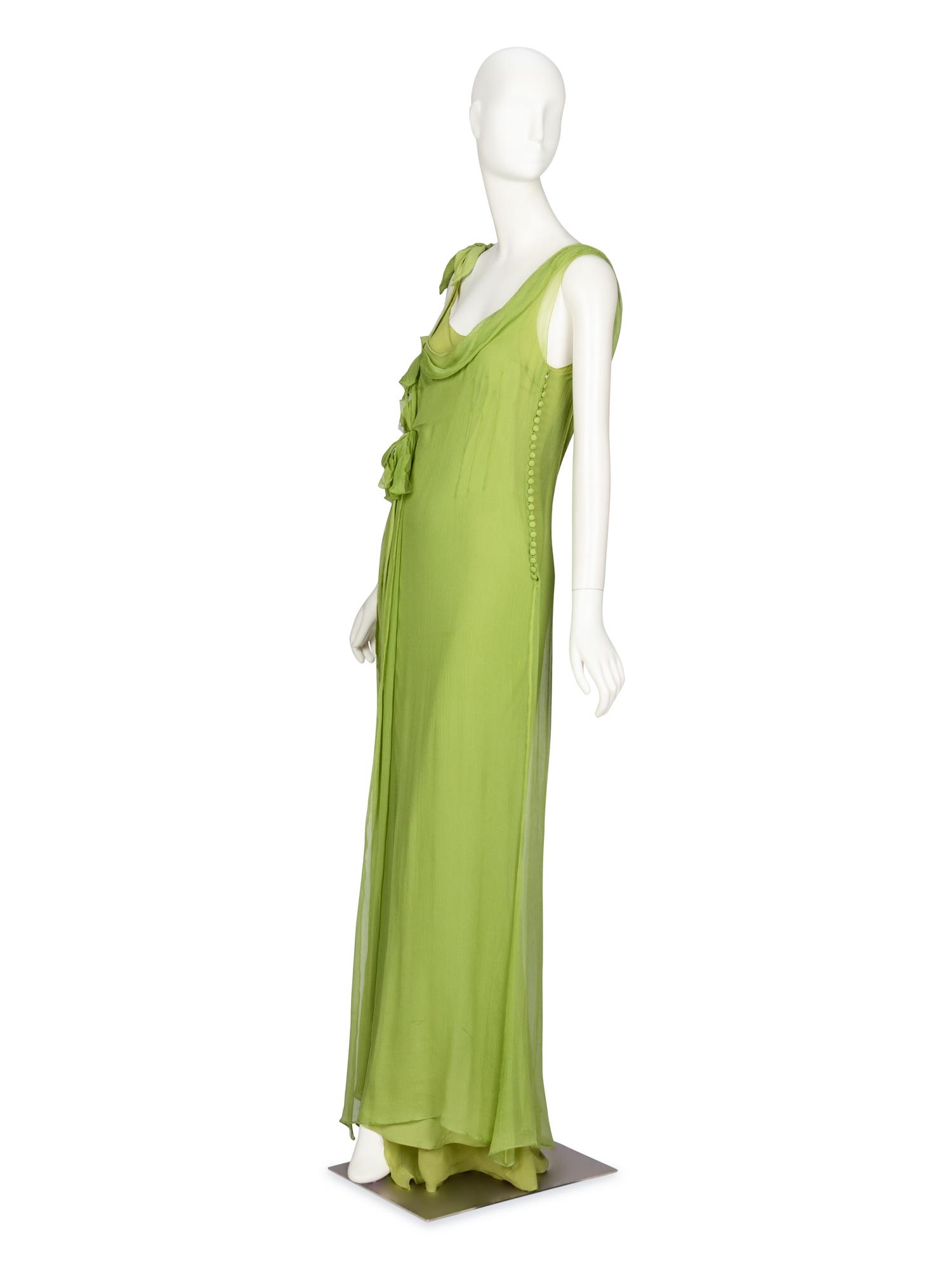 JOHN GALLIANO, GREEN CRÊPE LAYERED GOWN