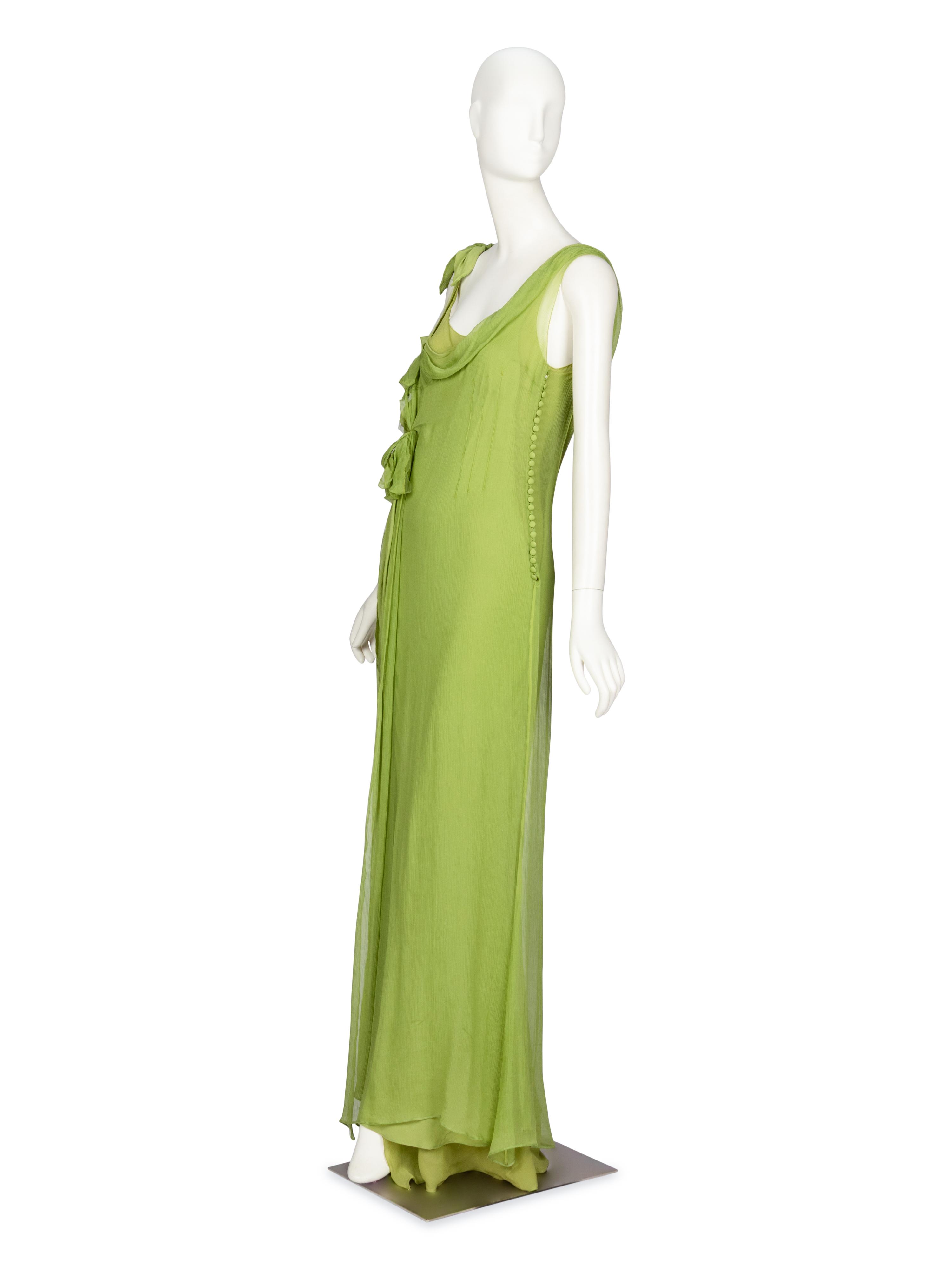 JOHN GALLIANO, GREEN CRÊPE LAYERED GOWN