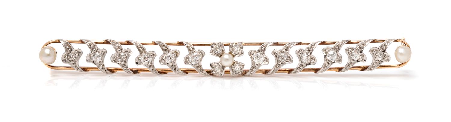 An Edwardian Platinum, Rose Gold, Diamond and Pearl Bar Brooch, 5.20 dwts.