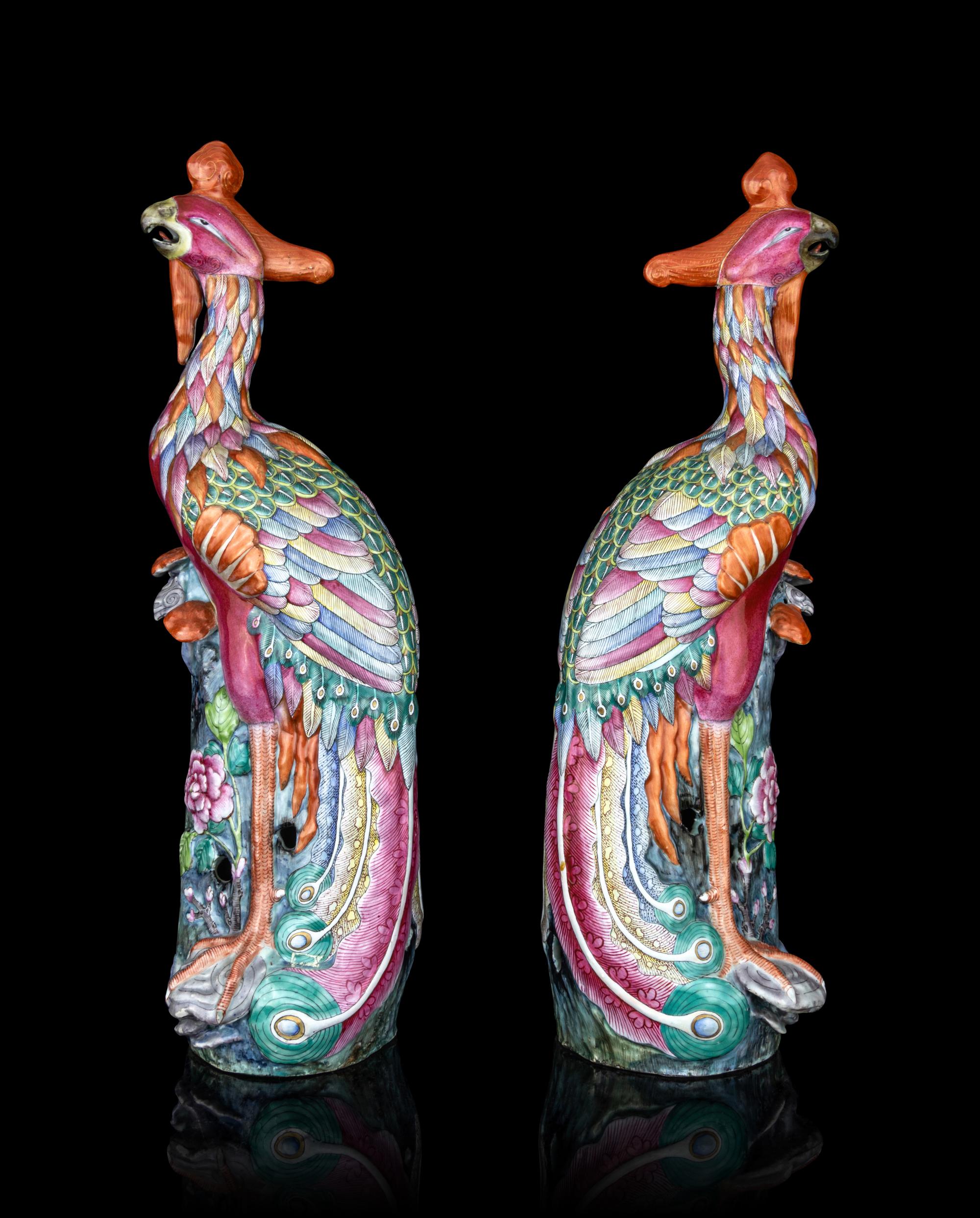 A Pair of Chinese Export Porcelain Figures of Phoenixes