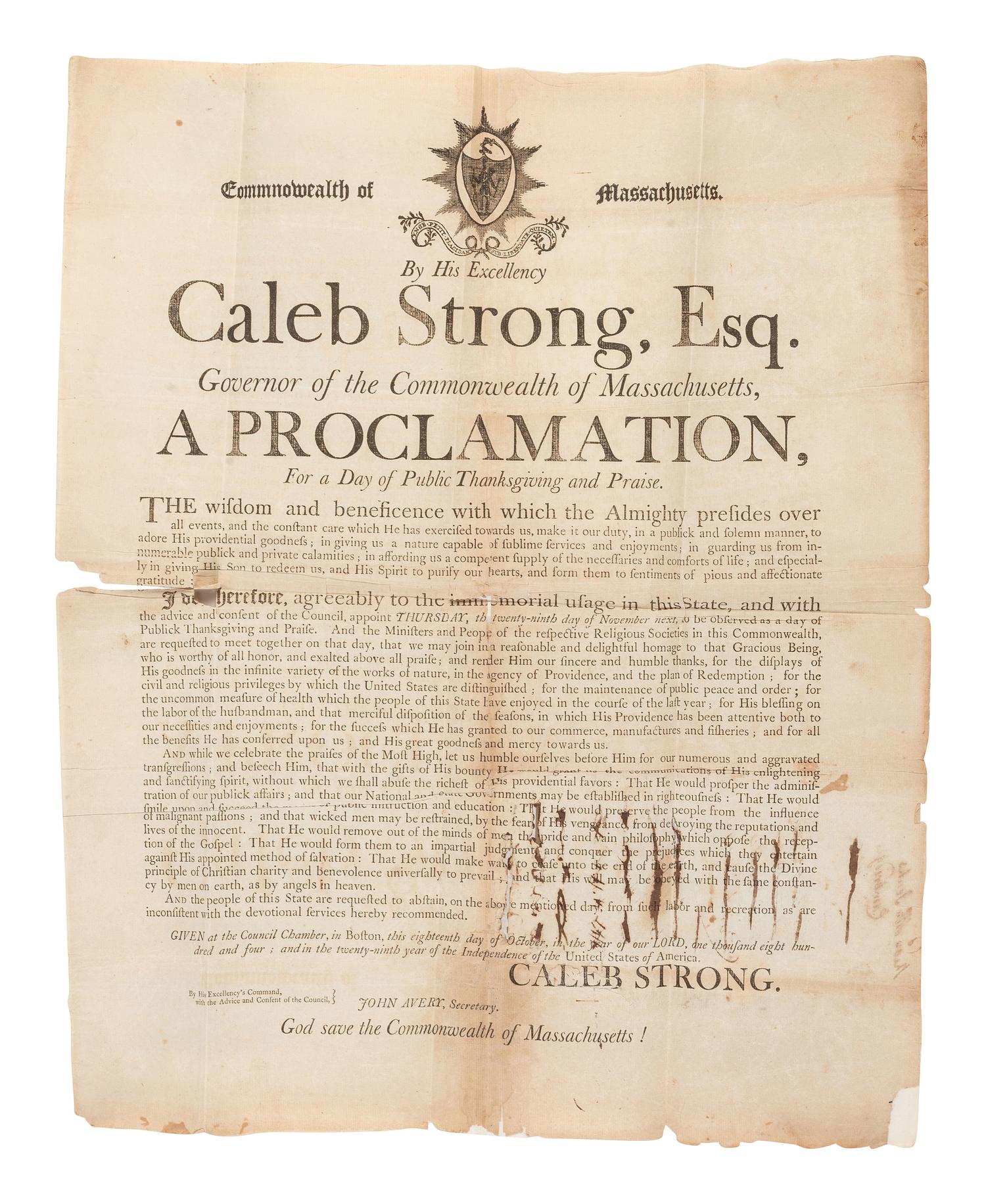 [MASSACHUSETTS]. STRONG, Caleb (1745-1819). Letter secretarially signed ("Caleb Strong") as Governor, Boston, 22 August 1806. With Thanksgiving proclamation broadside signed in type by Strong. Boston, 1804.