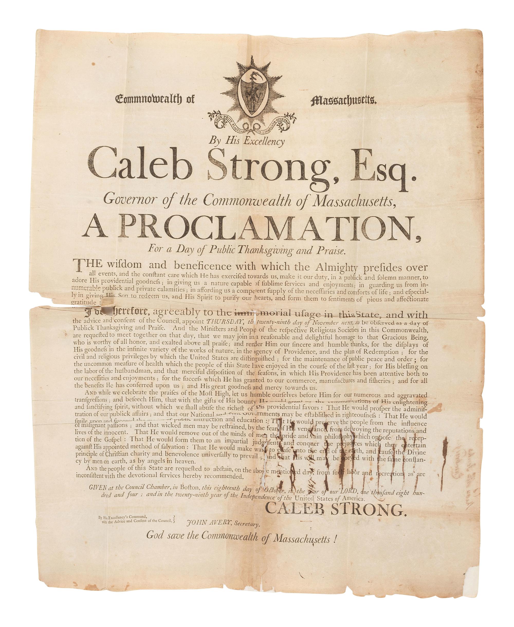 [MASSACHUSETTS]. STRONG, Caleb (1745-1819). Letter secretarially signed ("Caleb Strong") as Governor, Boston, 22 August 1806. With Thanksgiving proclamation broadside signed in type by Strong. Boston, 1804.