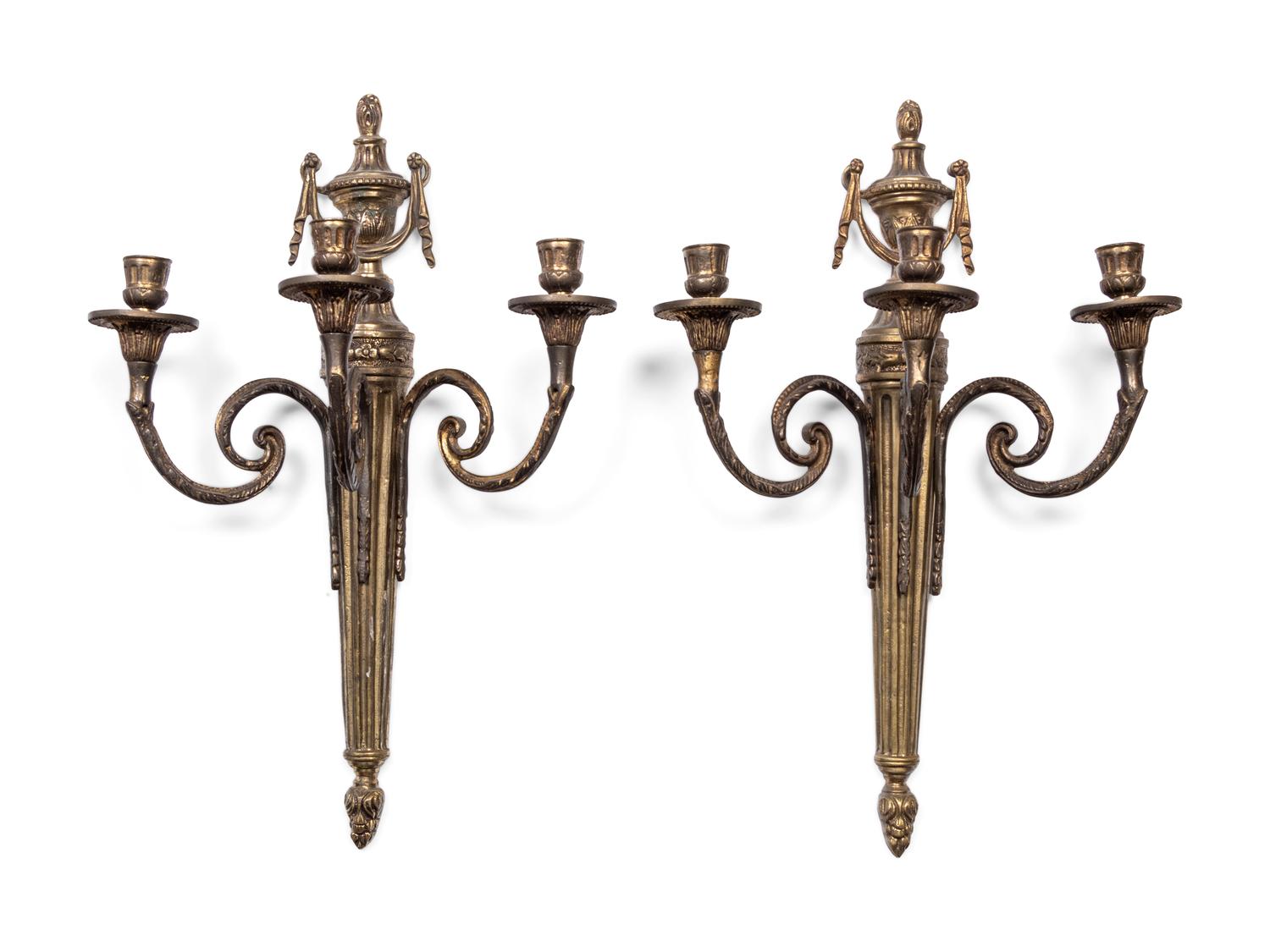 A Pair of Louis XVI Style Gilt Bronze Three-Light Sconces