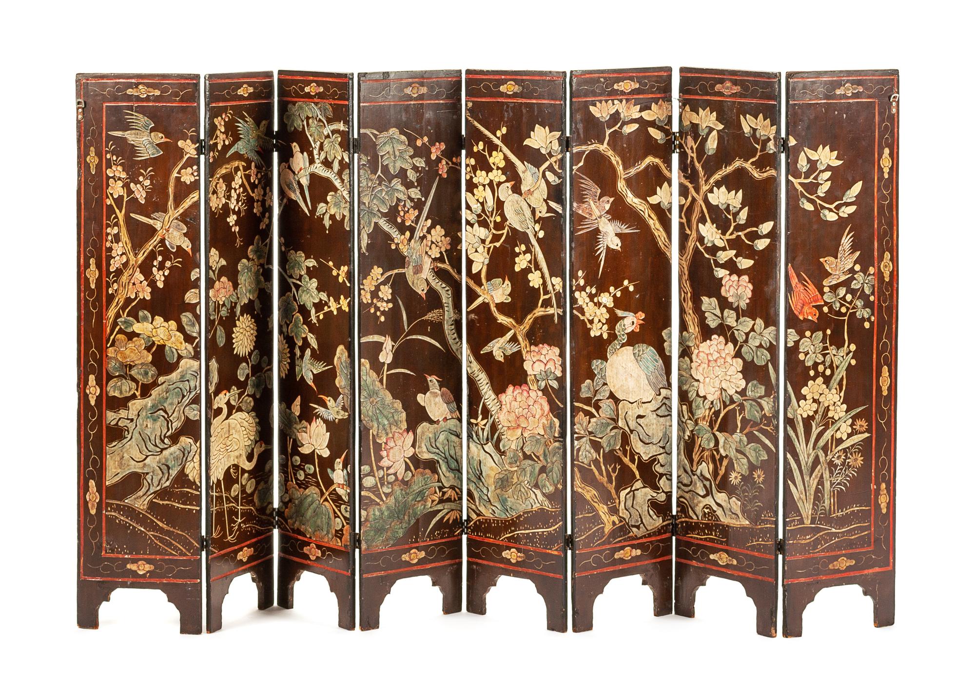 A Chinese Coromandel Eight-Panel Floor Screen Height 43 1/2 x width of each panel 10 inches.