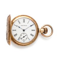 WALTHAM, 14K TRICOLOR GOLD HUNTER CASE POCKET WATCH AND GOLD-FILLED FOB CHAIN