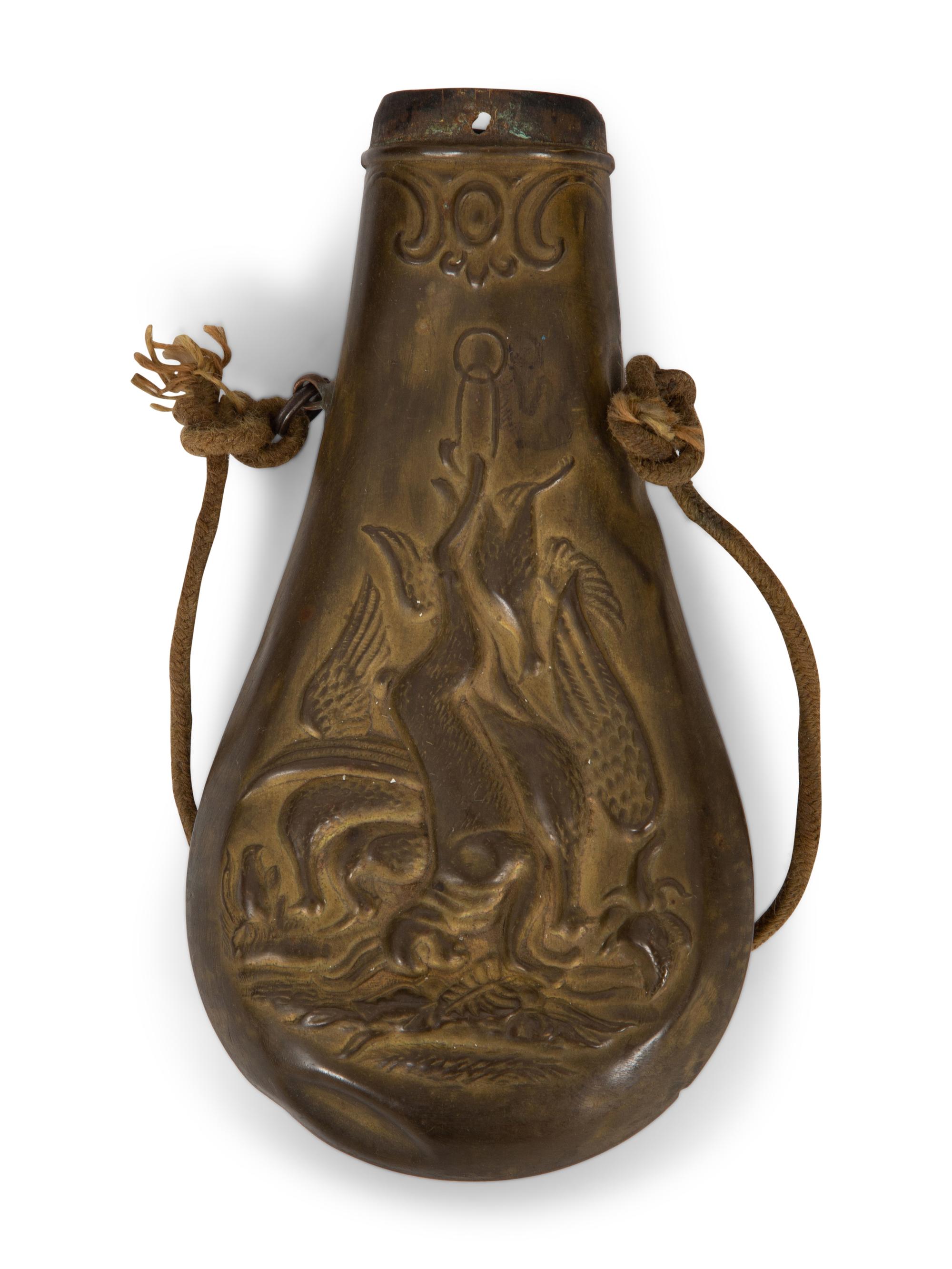 A Chinese Brass Silk Iron, Two Gunpowder Flasks and a Horn Vessel