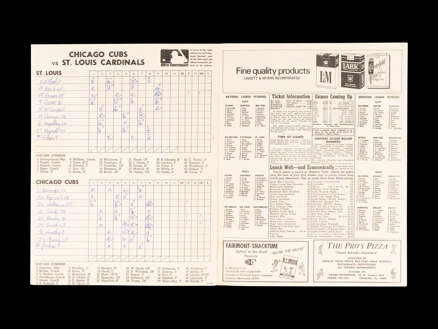 A Group of 12 1960s-70s Chicago Cubs Wrigley Field Signed Autograph Scorecards (Including Ernie Banks, Billy Williams, Fergie Jenkins and Ron Santo)
