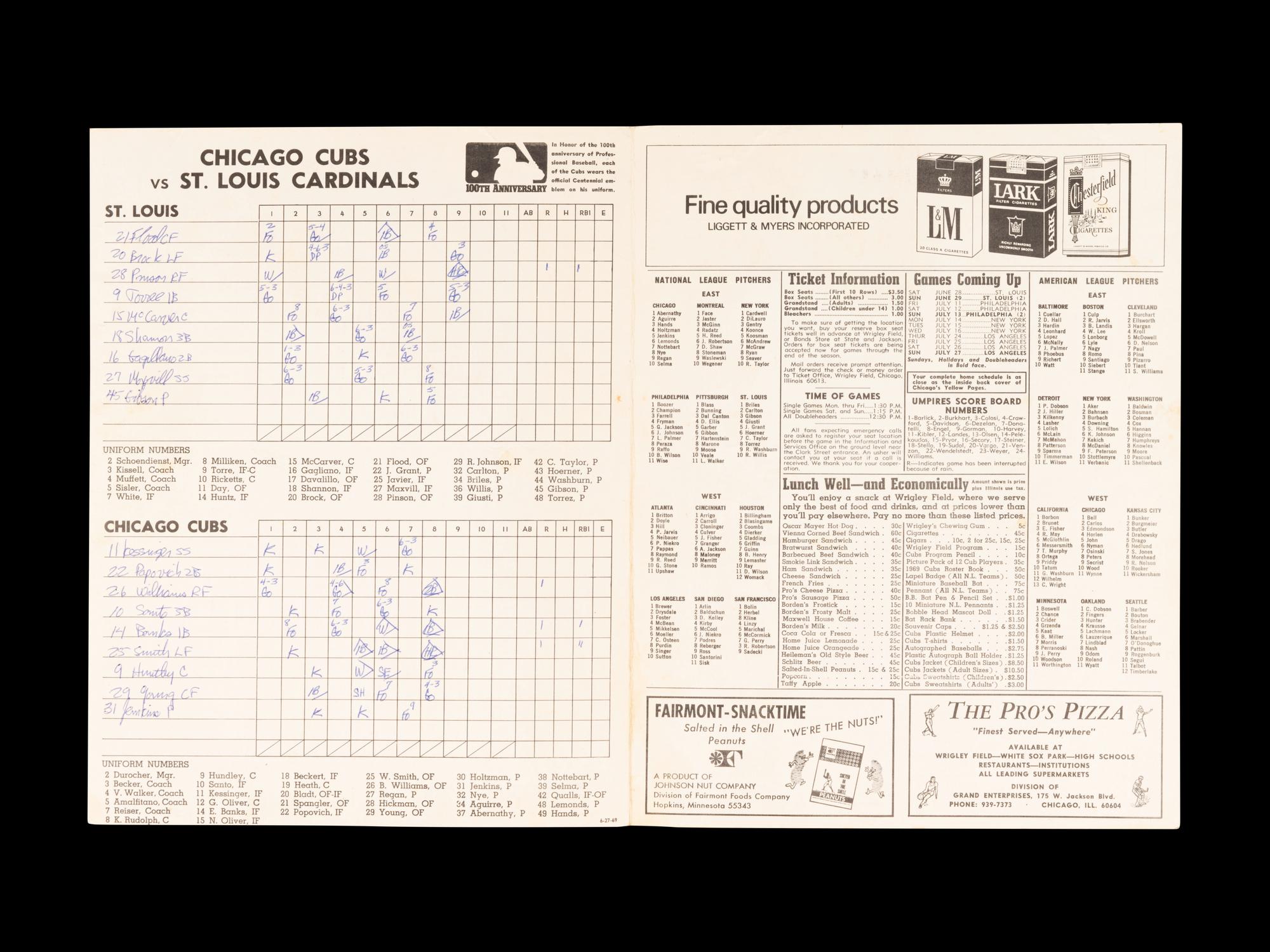 A Group of 12 1960s-70s Chicago Cubs Wrigley Field Signed Autograph Scorecards (Including Ernie Banks, Billy Williams, Fergie Jenkins and Ron Santo)