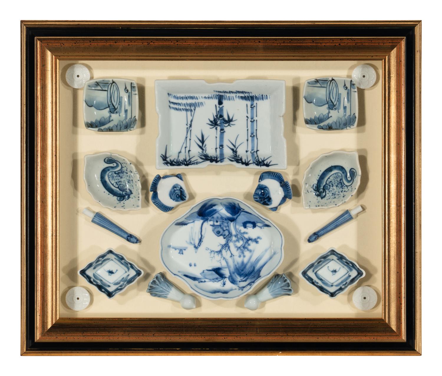Four Shadow Boxes Mounted with Chinese Blue-and-White Porcelain Articles