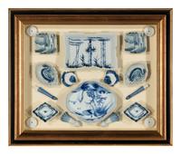 Four Shadow Boxes Mounted with Chinese Blue-and-White Porcelain Articles