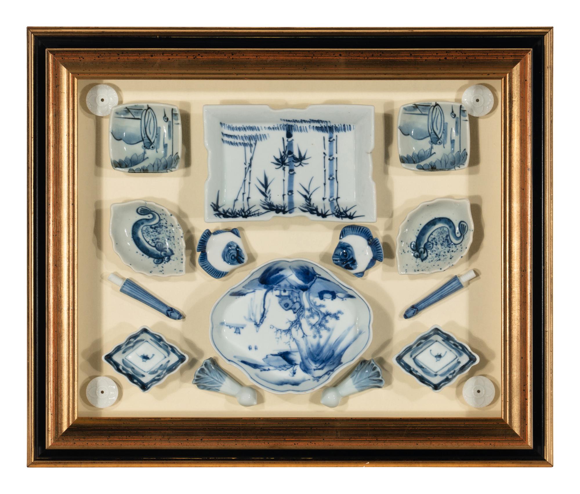Four Shadow Boxes Mounted with Chinese Blue-and-White Porcelain Articles