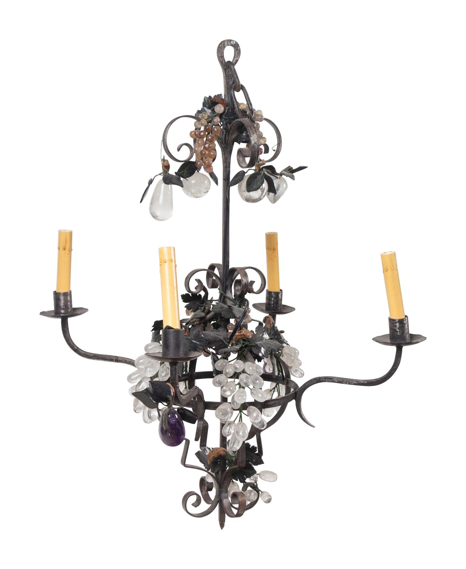 A Continental Wrought Steel and Rock Crystal Four-Light Chandelier