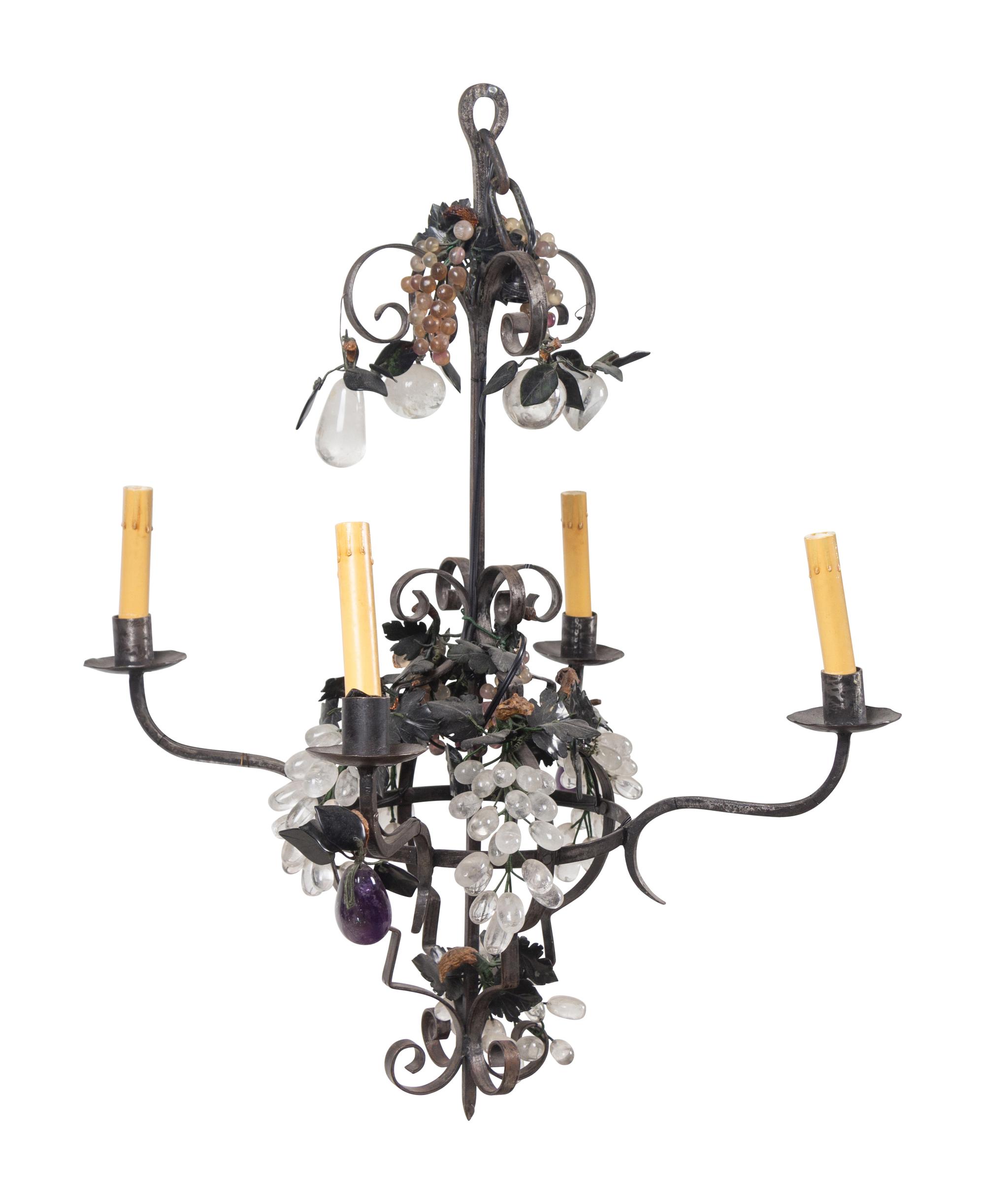 A Continental Wrought Steel and Rock Crystal Four-Light Chandelier