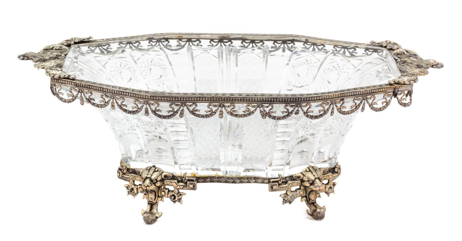 A French Gilt Metal Mounted Crystal Bowl Height 5 1/4 x width 15 1/4 x depth 9 inches. — 19TH CENTURY