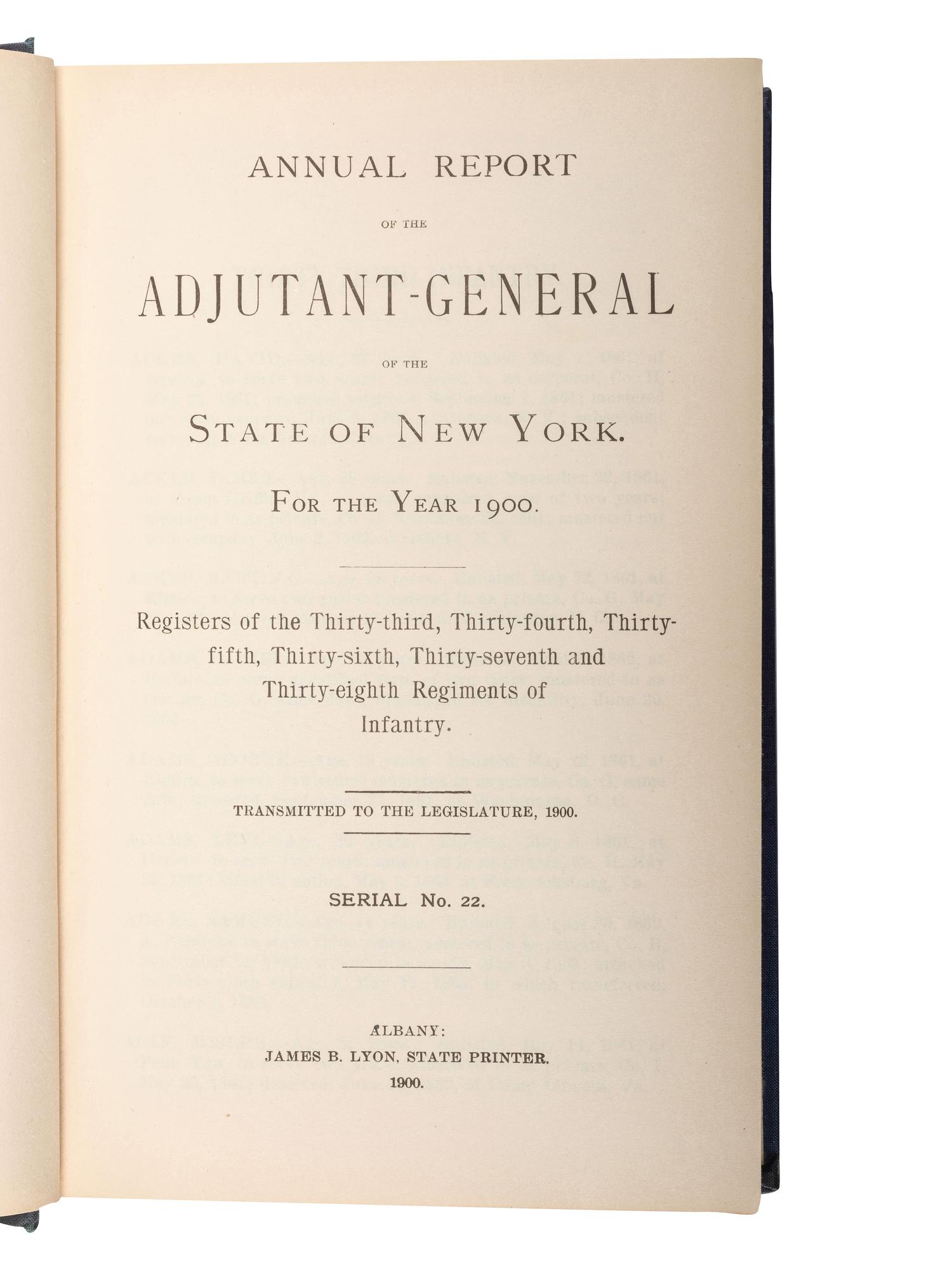 [CIVIL WAR - NEW YORK]. A group of 36 assorted volumes of the Adjutant General's report featuring Civil War-era rosters, comprising: