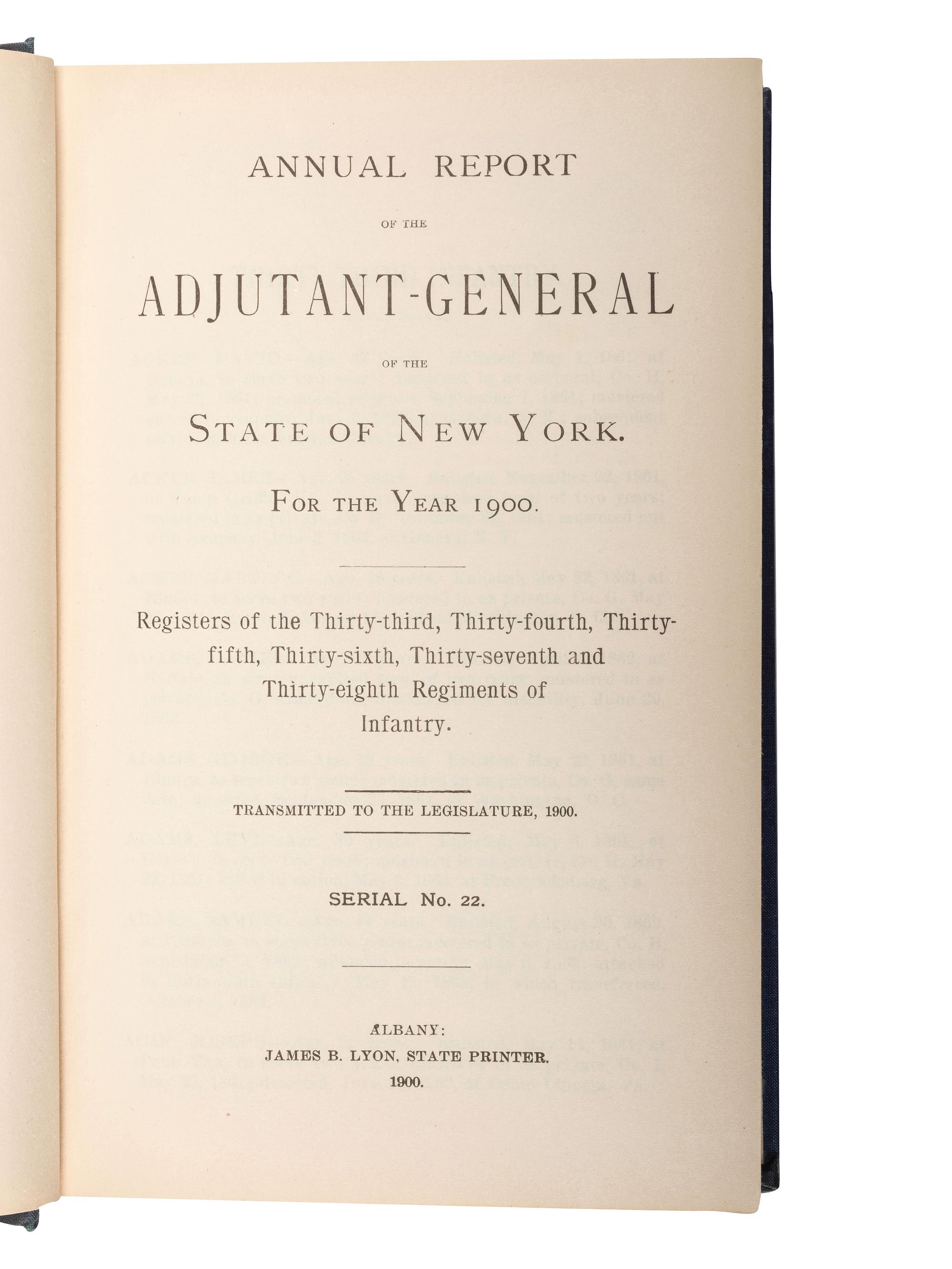 [CIVIL WAR - NEW YORK]. A group of 36 assorted volumes of the Adjutant General's report featuring Civil War-era rosters, comprising: