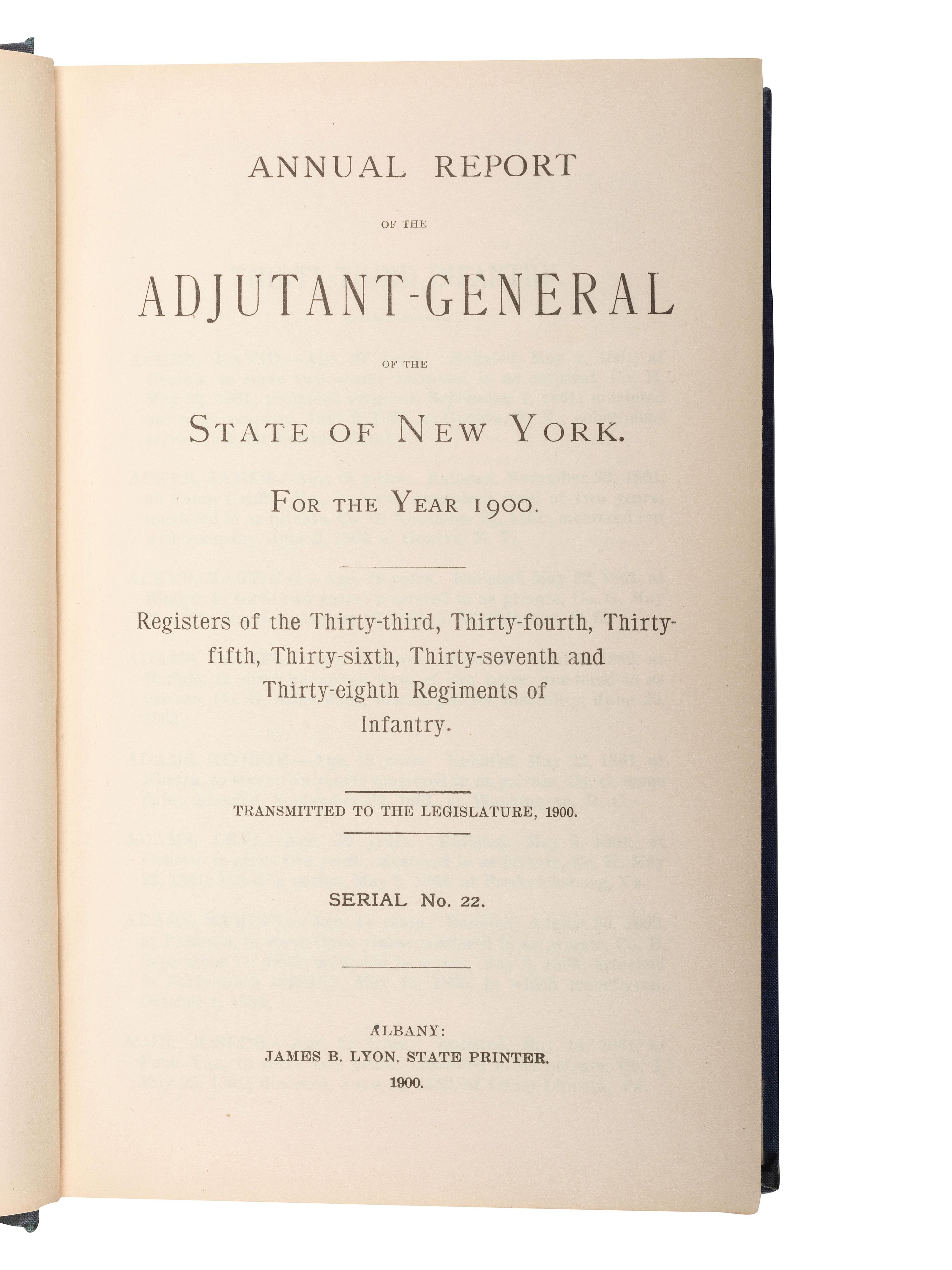 [CIVIL WAR - NEW YORK]. A group of 36 assorted volumes of the Adjutant General's report featuring Civil War-era rosters, comprising: