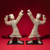 A Large Pair of Chinese Painted Pottery Archers, Western Han Dynasty — 西漢 彩繪射姿立俑一對
