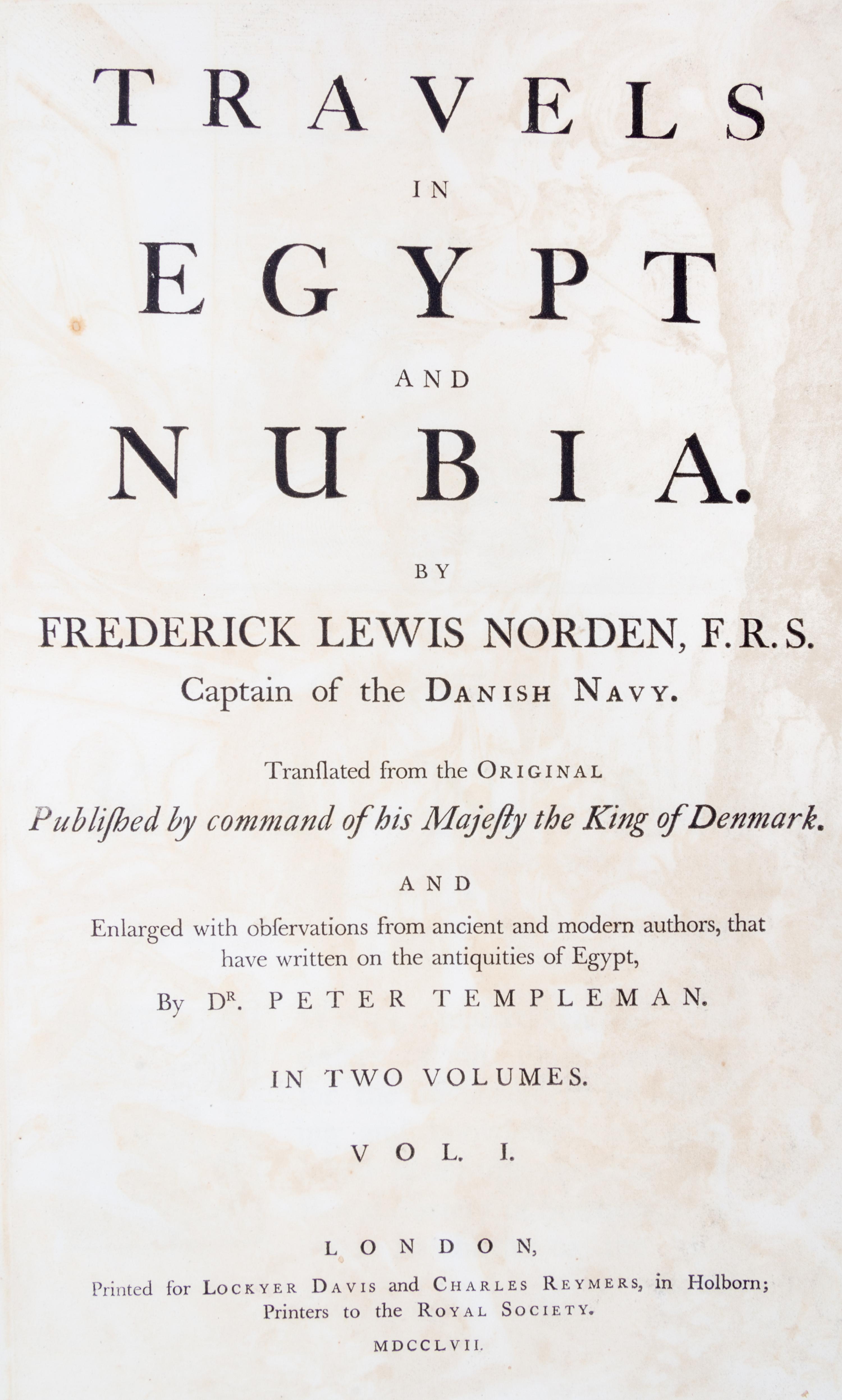 NORDEN, FEDERICK. Travels in Egypt and Nubia. London, 1757. 2 Volumes, modern binding by Weitz-Coleman.